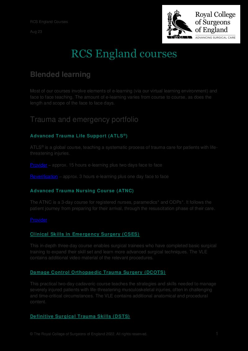 RCS England course list Content MedAll